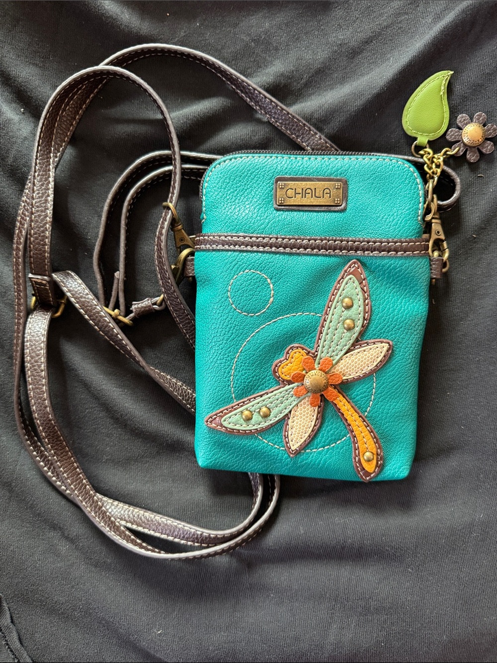 Chala Teal Dragonfly Crossbody Bag with Brown Strap